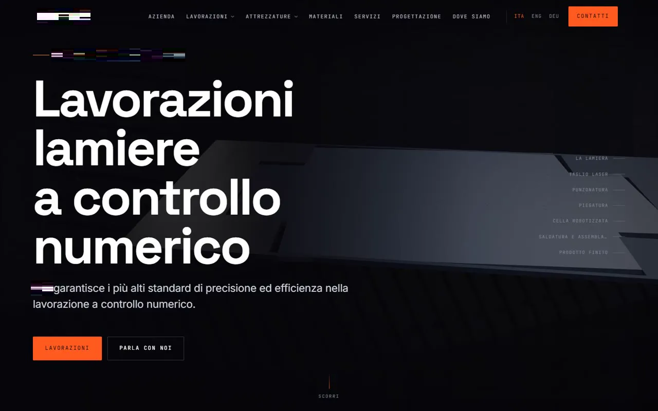 La home proposta: Lavorazione lamiere a controllo numerico, Verona. Nome, logo e contatti del cliente sono disturbati