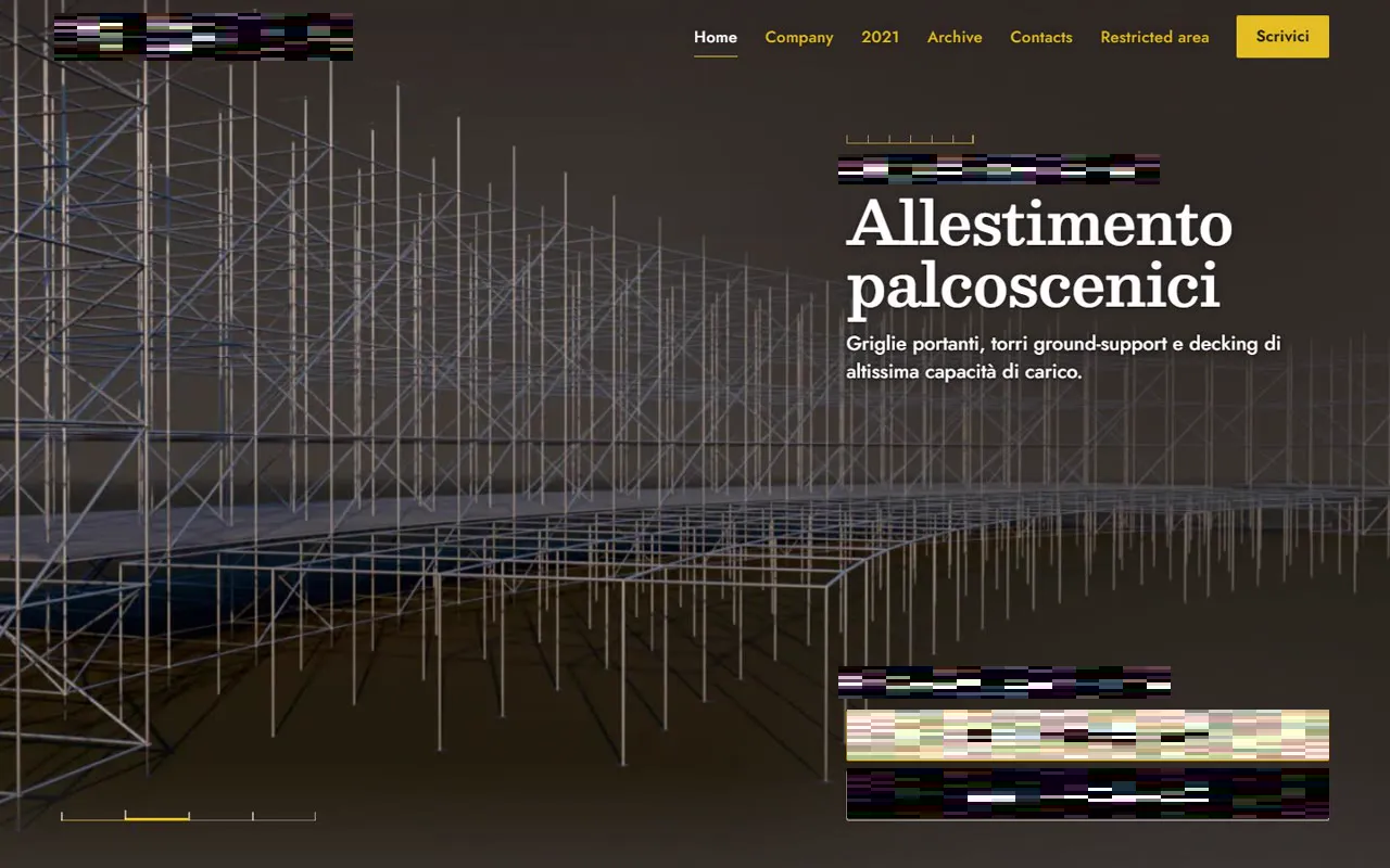 La home proposta: Allestimento di palchi e strutture, Verona. Nome, logo e contatti del cliente sono disturbati