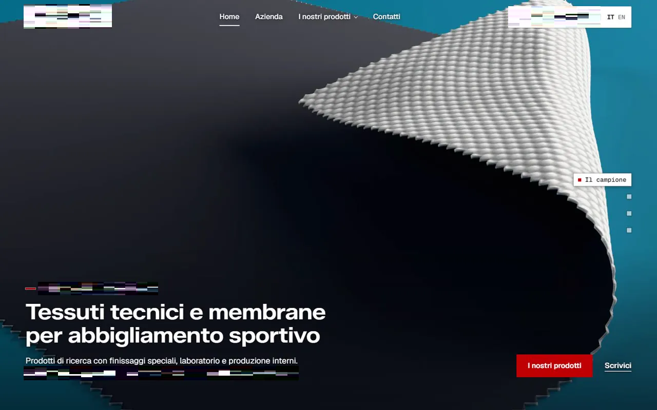 La home proposta: Tessuti tecnici, Vicenza e Verona. Nome, logo e contatti del cliente sono disturbati